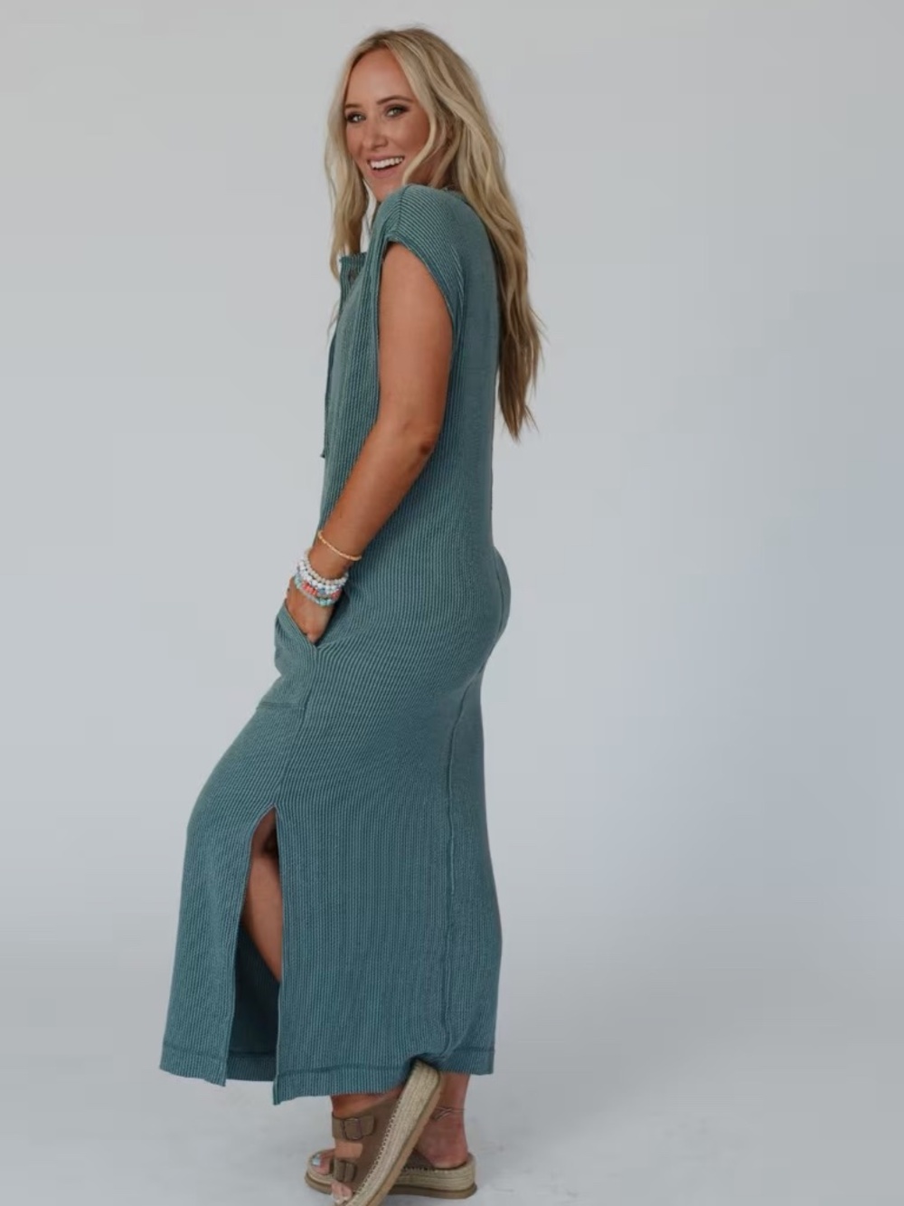 Three Bird Nest Teal Button-Front Ribbed Maxi Dress - Picture 3 of 6
